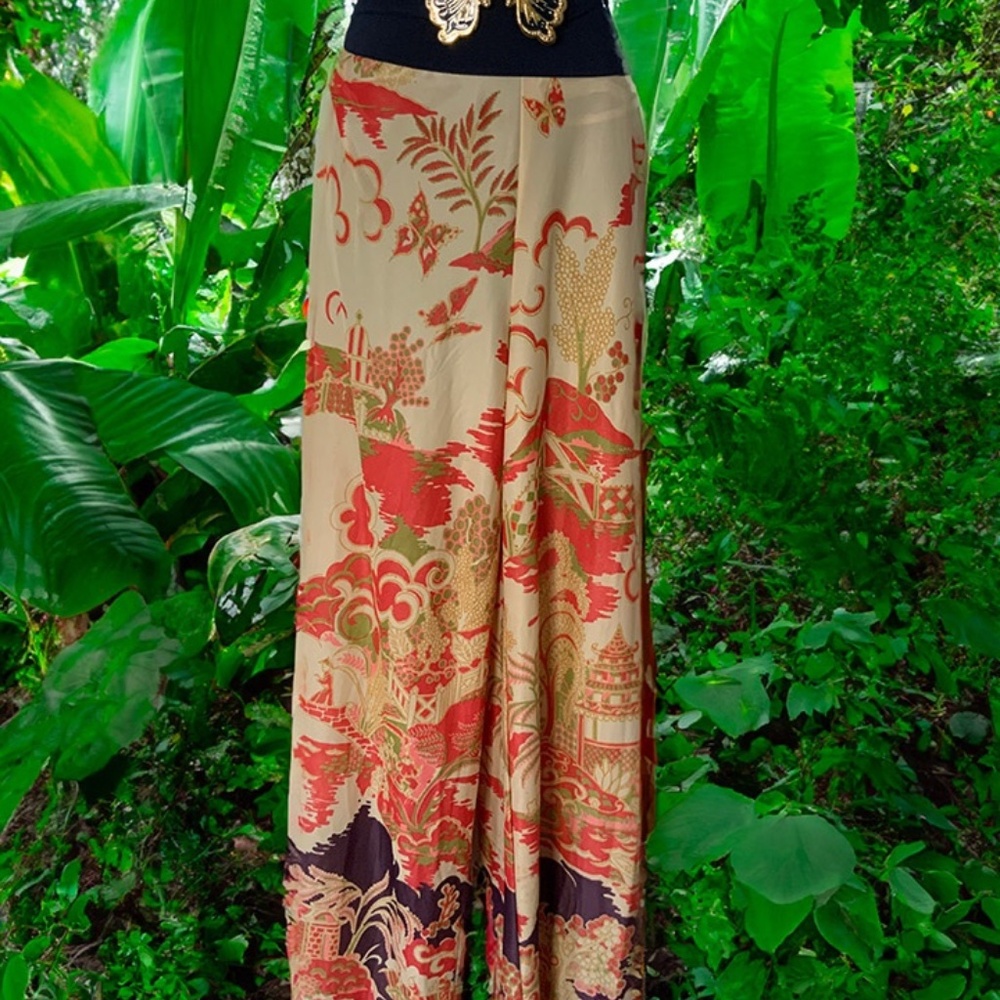 Vintage Polyknit Asian Print Palazzo Pant